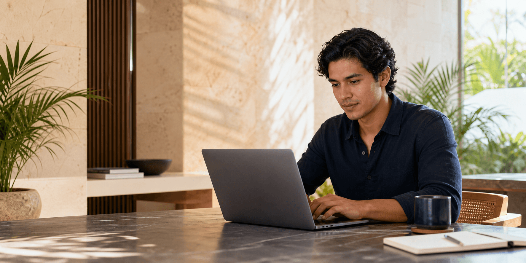 Profesional en Cancún aplicando inteligencia artificial desde una laptop en un espacio de trabajo moderno.